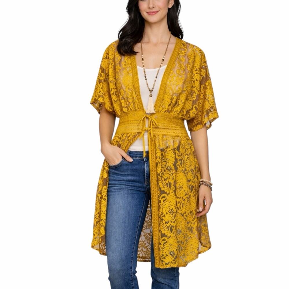 Boho Lace Embroidered Midi Top Tie Waist Women’s Size 18/20W Mustard Yellow